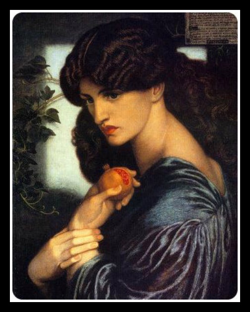 &quot;Proserpine&quot; (three-quarter portrait holding a pomegranate), by Dante Gabriel Rossetti (1874).-